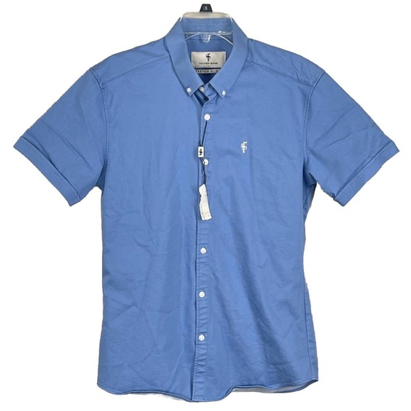 Father Sons Stretch Slim Fit Short Sleeve Button Up Shirt, Men L, Light Blue - Picture 1 of 13